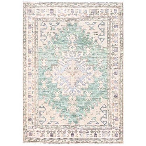 Viridian Green, Zero Pile, Anatolian Village Design, Turkish Knot, Hand Knotted, Sheared Low, 100% Wool, Oriental 