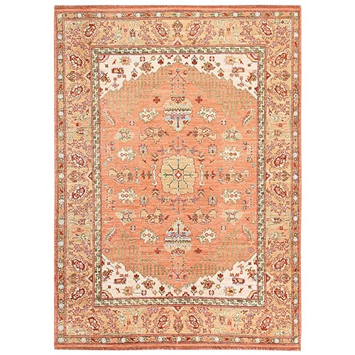 Sandstone Orange, Oushak, Turkish Knot, Hand Knotted, Zero Pile, Sheared Low, 100% Wool, Oriental 
