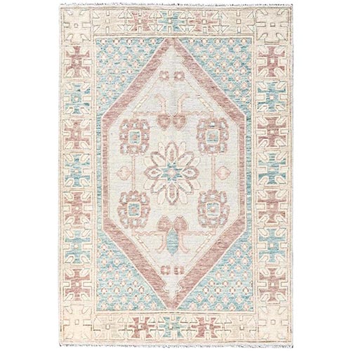 Cerulean Blue, Anatolian Village Design, Turkish Knot, Hand Knotted, Zero Pile, Sheared Low, 100% Wool, Oriental 