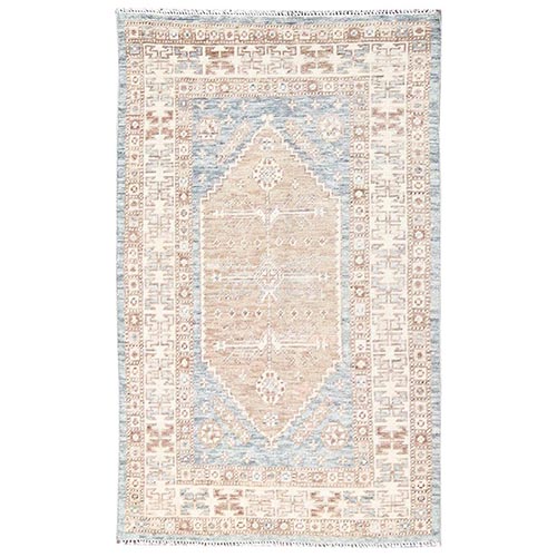 Light Blue, Anatolian Village Design, Turkish Knot, Sheared Low, Zero Pile, Hand Knotted, 100% Wool, Oriental 