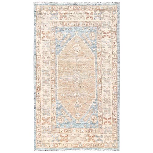 Light Blue, Anatolian Village Design, Turkish Knot, Sheared Low, Zero Pile, Hand Knotted, 100% Wool, Oriental 