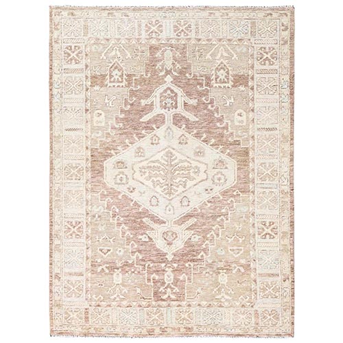 Irish Cream Brown, Hand Knotted, Anatolian Village Design, Turkish Knot, Zero Pile, Sheared Low, 100% Wool, Oriental 