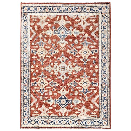 Rust Red, 100% Wool, Anatolian Village Design, Turkish Knot, Hand Knotted, Zero Pile, Sheared Low, Oriental 