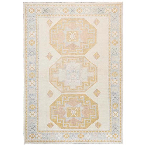 Bone White, Anatolian Village Design, Turkish Knot, Zero Pile, Sheared Low, Hand Knotted, 100% Wool, Oriental 