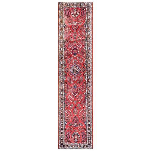 Rose Red, Vintage Persian Lilahan with All Over Design, Worn Down and Distressed, Hand Knotted, 100% Wool, Runner, Oriental 