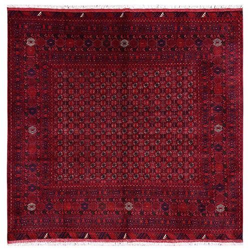 Scarlet Red, Afghan Khamyab Turkaman with Khoja Roshni Design, Hand Knotted, Soft and Velvety Wool, Square, Oriental 