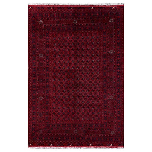 Scarlet Red, Afghan Khamyab Turkaman with Khoja Roshni Design, Hand Knotted, Soft and Velvety Wool, Oriental 