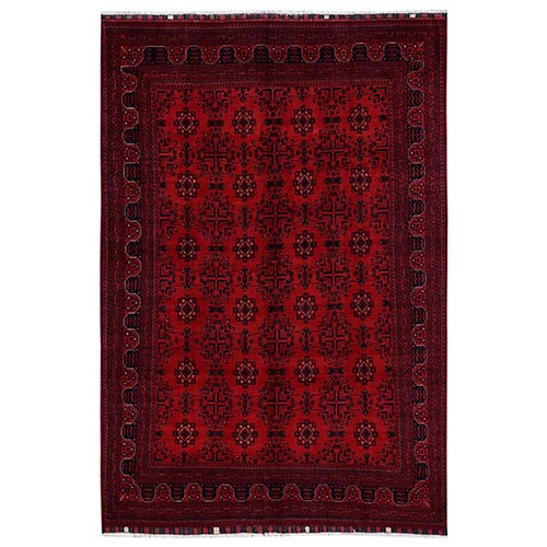 Crimson Red, Hand Knotted, Afghan Andkhoy with All Over Geometric Motif, Soft and Velvety Wool, Oriental 