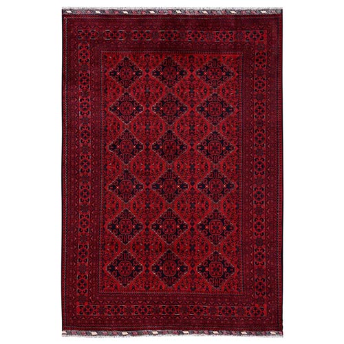 Crimson Red, Hand Knotted, Afghan Andkhoy with Geometric Pattern, Soft and Velvety Wool, Oriental 