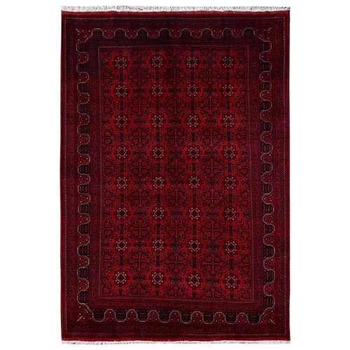 Crimson Red, Hand Knotted, Afghan Andkhoy with All Over Geometric Motif, Soft and Velvety Wool, Oriental 