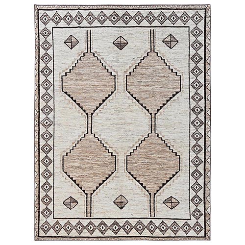 Cream White, Tone on Tone, Moroccan Weave with Geometric Design, Pure Wool, Hand Knotted, Textured Pile, Oriental 