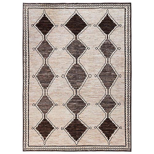 Tan Brown, Moroccan Weave with Geometric Pattern, Hand Knotted, Natural Wool, Tone on Tone, Textured Pile, Oriental 