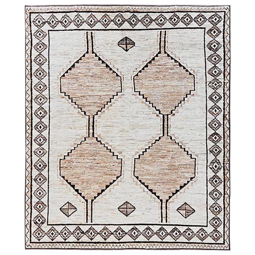 Cream White, Tone on Tone, Moroccan Weave with Geometric Design, Pure Wool, Hand Knotted, Textured Pile, Oriental 