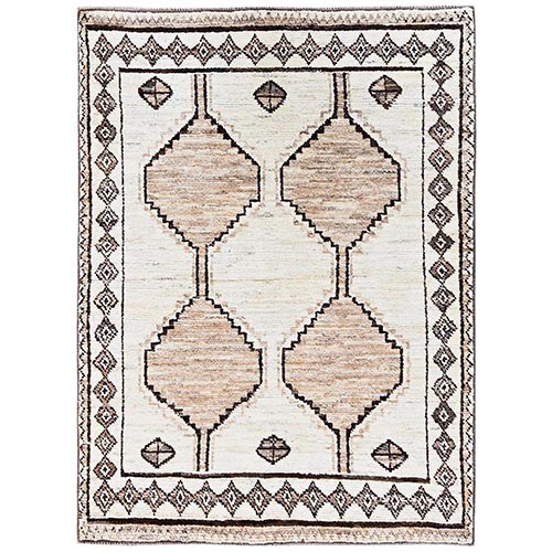 Cream White, Tone on Tone, Moroccan Weave with Geometric Design, Pure Wool, Hand Knotted, Textured Pile, Oriental 