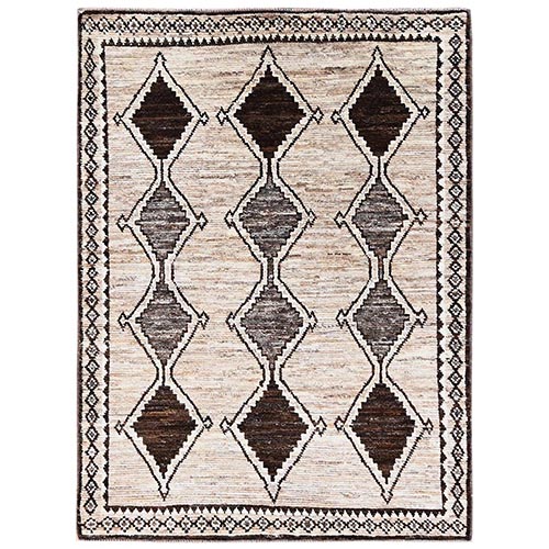 Irish Cream Brown, Natural Wool, Moroccan Weave with Geometric Pattern, Hand Knotted, Tone on Tone, Textured Pile, Oriental 