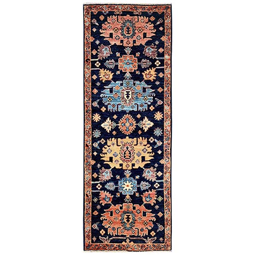 Midnight Blue, Heriz All Over Design, Aryana Grade, Vegetable Dyes, Soft Pile, Hand Knotted, High Mountain Wool, Densely Woven, Narrow Runner, Oriental 