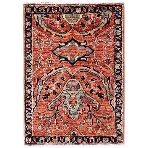 Amber Orange, Aryana Collection, Heriz All Over Design, Vegetable Dyes, Soft Pile, High Mountain Wool, Hand Knotted, Densely Woven, Sample, Mat, Oriental 