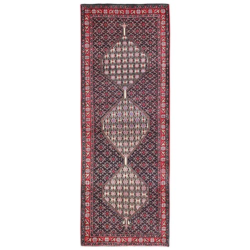 Navy Blue, New Persian Senneh Bijar with Large Geometric Medallions, Full Pile, Mint Condition, Hand Knotted, 100% Wool, Runner, Oriental 