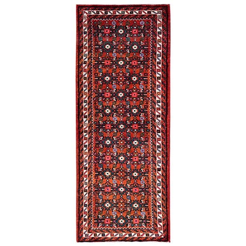 Rust Red, Full Pile, Hand Knotted, New Persian Hussainabad with All Over Design, Soft and Shiny Wool, Narrow Runner, Oriental 