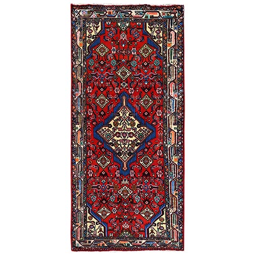Crimson Red, New Persian Hamadan with Geometric Medallion, Full Pile, Hand Knotted, 100% Wool, Runner, Oriental 