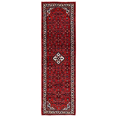 Scarlet Red, Full Pile, New Persian Hussainabad with All Over Repetitive Design, Hand Knotted, Soft and Shiny Wool, Runner, Oriental 