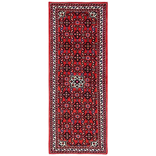 Crimson Red, Full Pile, New Persian Hussainabad with All Over Repetitive Design, Hand Knotted, Soft and Shiny Wool, Narrow Runner, Oriental 