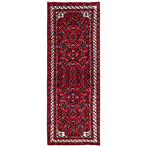 Scarlet Red, Soft and Shiny Wool, Full Pile, New Persian Hussainabad with All Over Design, Hand Knotted, Narrow Runner, Oriental 