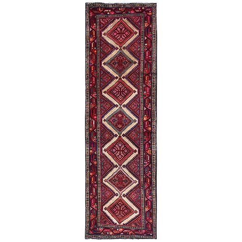 Crimson Red, New Persian Hamadan with Serrated Medallions, Hand Knotted, Full Pile, Soft and Shiny Wool, Runner, Oriental 
