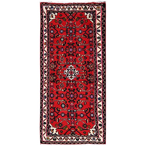 Crimson Red, New Persian Hussainabad with All Over Design, Hand Knotted, Full Pile, Soft and Shiny Wool, Runner, Oriental 