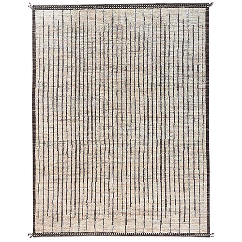 Whisper White, Moroccan Weave with Lines Design, Tone on Tone, Textured Pile, Undyed Natural Wool, Hand Knotted, Oriental 