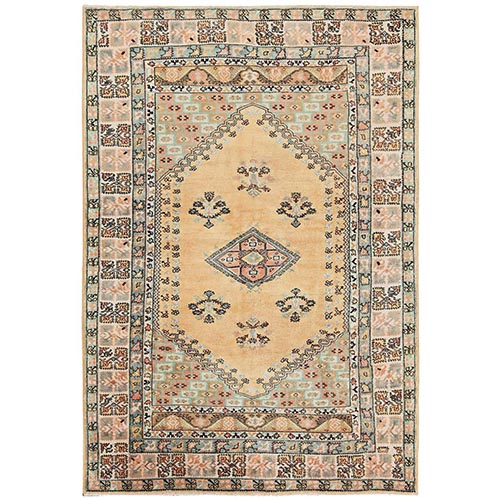 Beige, Vintage Persian Turkish Berghama with Geometric Medallion, Soft, Full Pile, Hand Knotted, Distressed, 100% Organic Wool, Oriental 