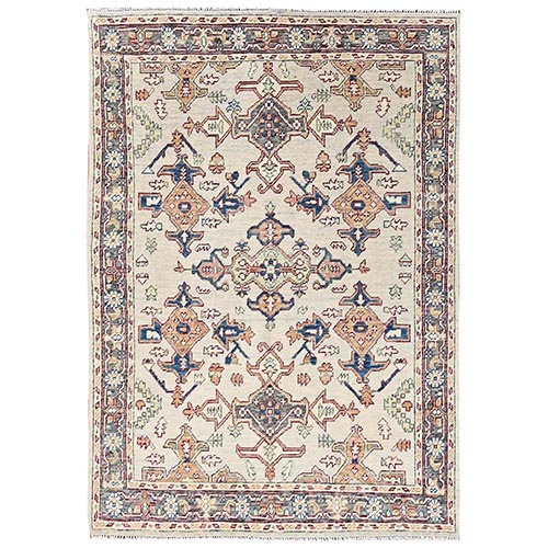 Linen White, Turkish Knot, Heriz with All Over Design, Hand Knotted, Sheared Low, 100% Wool, Oriental 