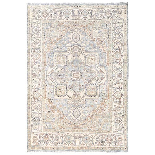 Cloud Gray, Heriz with Medallion Design, Turkish Knot, Hand Knotted, Sheared Low, 100% Wool, Oriental 