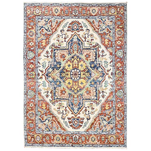 Pearl White, Turkish Knot, Heriz with Medallion Design, Hand Knotted, Sheared Low, 100% Wool, Oriental 