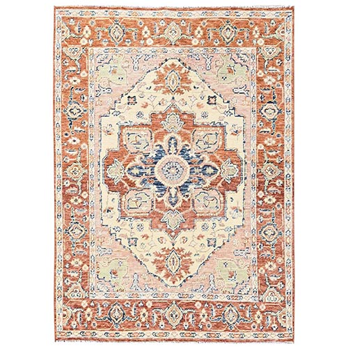 Beige, Heriz with Medallion Design, Turkish Knot, Hand Knotted, Sheared Low, 100% Wool, Oriental 