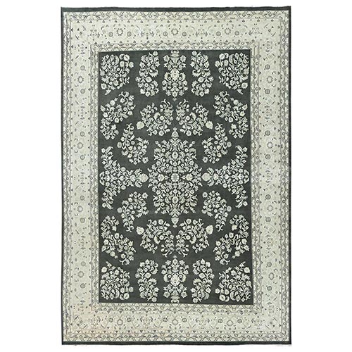 Dark Olive Green, Vintage Indo Sarouk with All Over Design, Professionally Cleaned, Sides & Ends Secured, Hand Knotted, 100% Wool, Oriental 