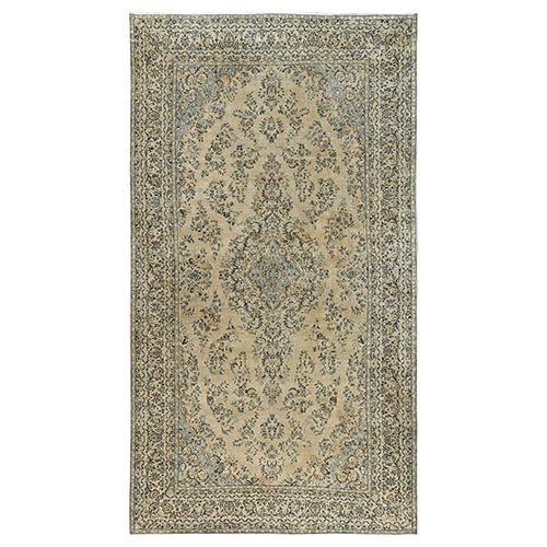 Ecru Brown, Vintage Persian Kerman, All Over Design, Worn, Distressed, Sheared Low, Long and Narrow, Hand Knotted, 100% Wool, Oriental 