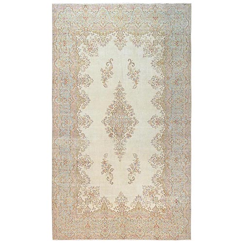 Chiffon White, Vintage Persian Kerman with Flower Medallion, Sheared Low, Distressed, Hand Knotted, 100% Wool, Oversized, XL, Oriental 