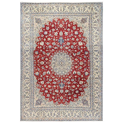 Crimson Red, Vintage Persian Nain with Flower Medallion, Wool & Silk, Clean, Sides and Ends Professionally Secured, Hand Knotted, Extra Large, Oversized, Oriental 