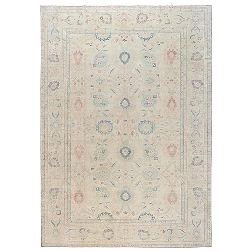 Chiffon White, Vintage Egyptian Sultanabad, Sheared Low, Distressed, Full Pile, 100% Wool, Hand Knotted, Sides and Ends Professionally Secured, Oversized, Oriental 