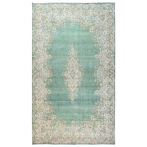 Fern Green, Vintage Persian Kerman with Flower Medallion, Distressed, Zero Pile, Clean and Soft, Hand Knotted, Good Condition, Pure Wool, XL, Oversized, Oriental 