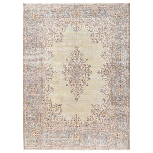 Chiffon White, Vintage Persian Kerman with Flower Medallion, Sheared Low, Zero Pile, Clean and Soft, Hand Knotted, Good Condition, Pure Wool, Oriental 