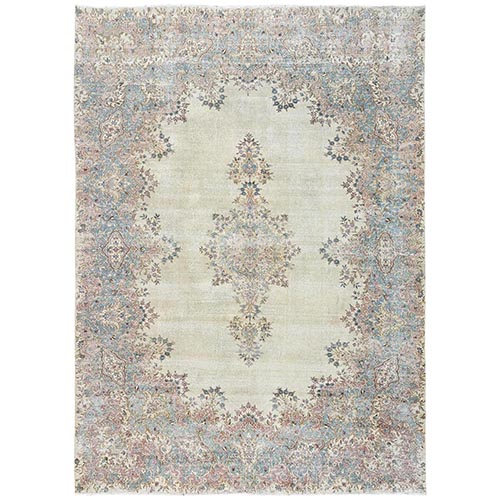 Chiffon White, Vintage Persian Kerman with Flower Medallion, Even Wear, Full Pile, Clean and Soft, Hand Knotted, Good Condition, Pure Wool, Oriental 