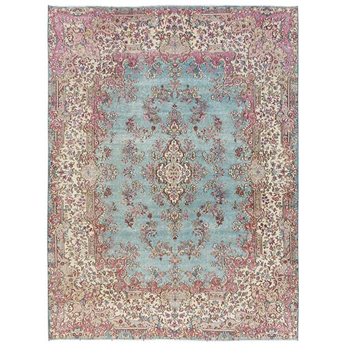 Light Blue, Vintage Persian Kerman with Flower Medallion, Sheared Low, Distressed, Professionally Cleaned, Sides and Ends Secured, Good Condition, Hand Knotted, 100% Wool, Oriental 