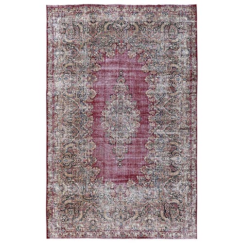 Wine Red, Worn Out, Vintage Persian Kerman with Flower Medallion, Worn Out and Distressed Professionally Cleaned, Sides and Ends Secured, Hand Knotted, 100% Wool, Oriental 