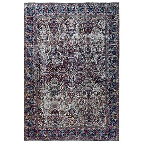 Chiffon White, Antique Persian Lavar Kerman with All Over Design, Shaved Low, Distressed, Hand Knotted, Pure Wool, Professionally Cleaned, Sides and Ends Secured, XL, Oversized, Oriental Rug