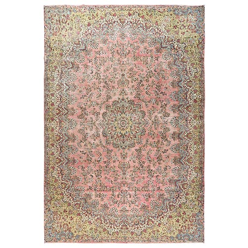 Rose Pink, Vintage Persian Kerman with Flower Medallion, Sheared Low, Distressed, Professionally Cleaned, Excellent Condition, Hand Knotted, 100% Wool, XL, Oversized, Oriental 