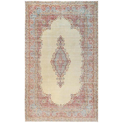 Pristine White, Worn Out, Vintage Persian Kerman with Open Field Medallion Design, Sheared Low, Distressed, Professionally Cleaned, Excellent Condition, Hand Knotted, 100% Wool, XL, Oversized, Oriental 