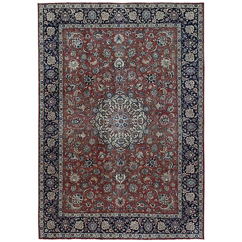 Copper Brown, Vintage Persian Mashad with Flower Medallion, Distressed, Low Pile, Good Condition, Hand Knotted, Pure Wool, XL, Oversized, Oriental 