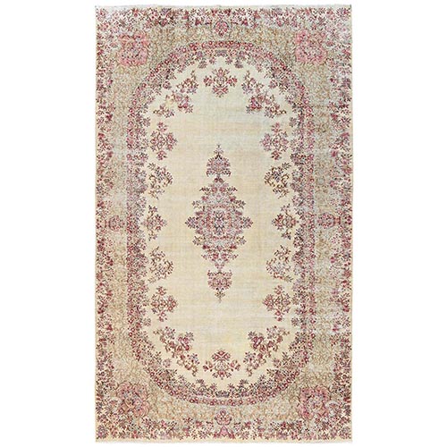 Pearl White, Vintage Persian Kerman with Open Field Medallion Design, Washed Out, Sheared Low, Distressed, Long and Narrow, Sides and Ends Professionally Secured, Hand Knotted, 100% Wool, Oriental 